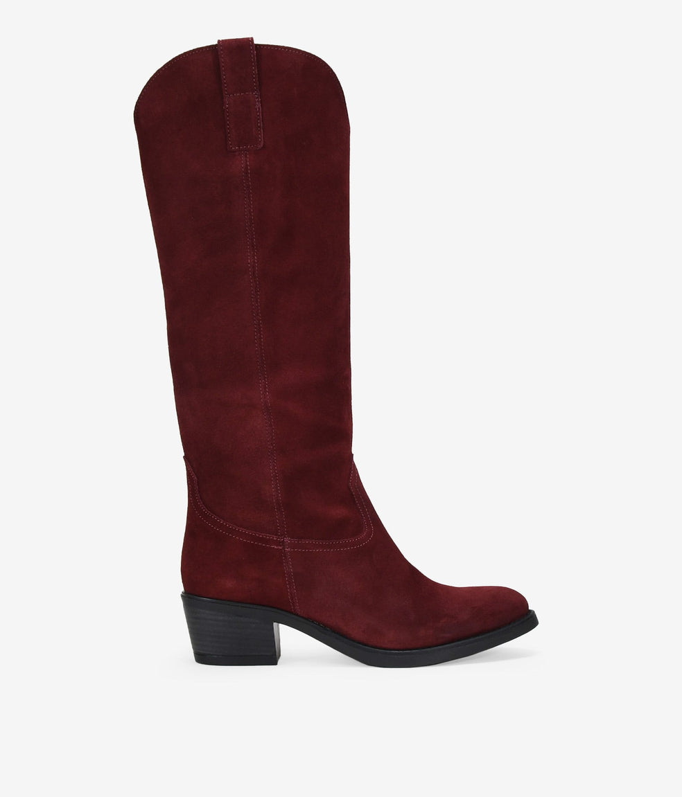 Botas cowboy altas burdeos en piel serraje lisas