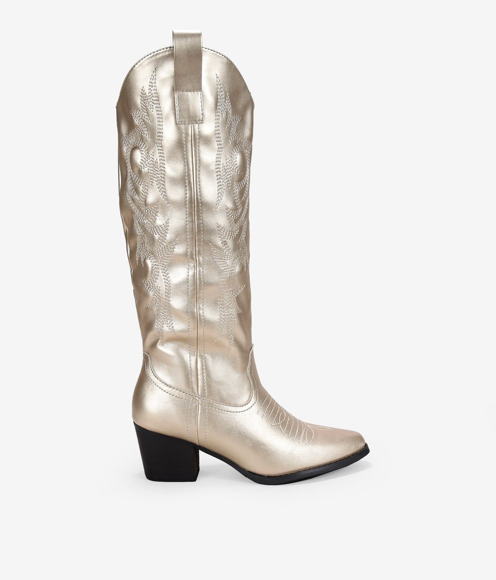 Botas cowboy altas oro con bordado y tacón