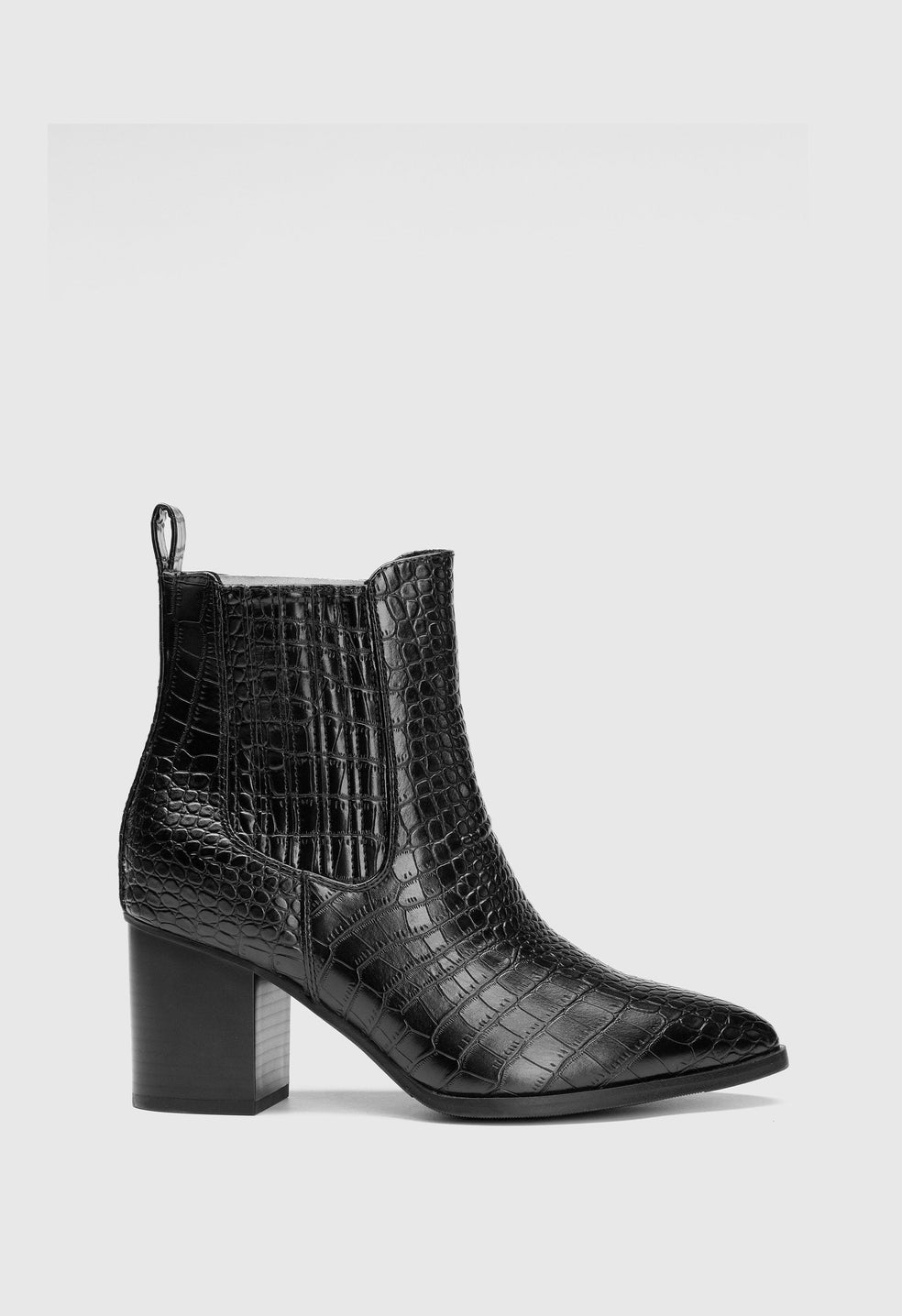 Botines negros de tacón ancho y punta fina efecto croco de mujer