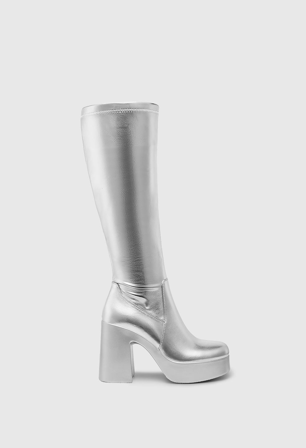 Botas de tacón alto plateadas con cremallera por encima de la rodilla de mujer
