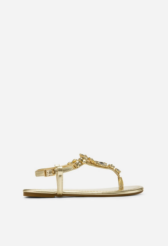 Sandalias planas de dedo con tira en T y strass de mujer