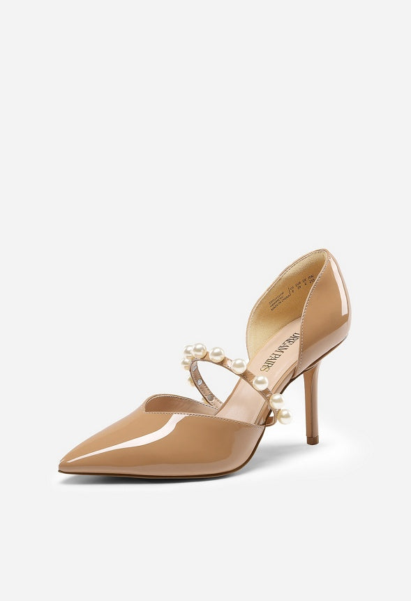 Zapatos de salón de aguja con tiras de perlas y punta afilada