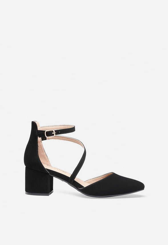 Zapatos de salón de tacón ancho bajo con tira y puntera en pico