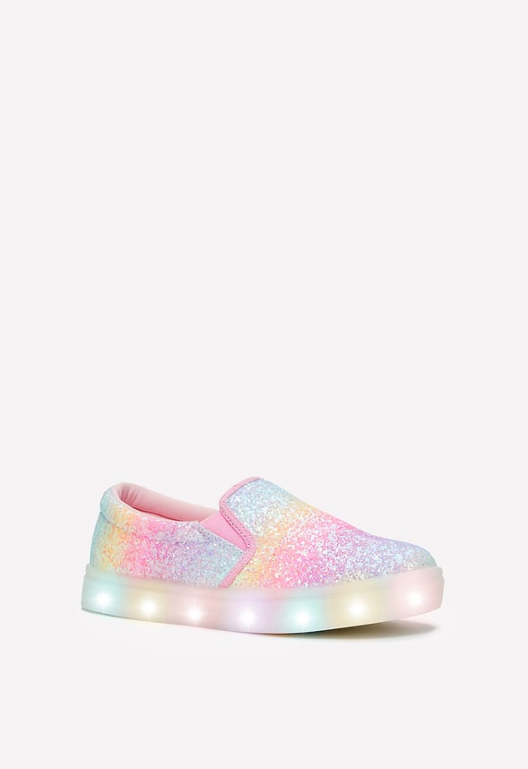 Zapatillas sin cordones con luces y purpurina arcoíris infantil