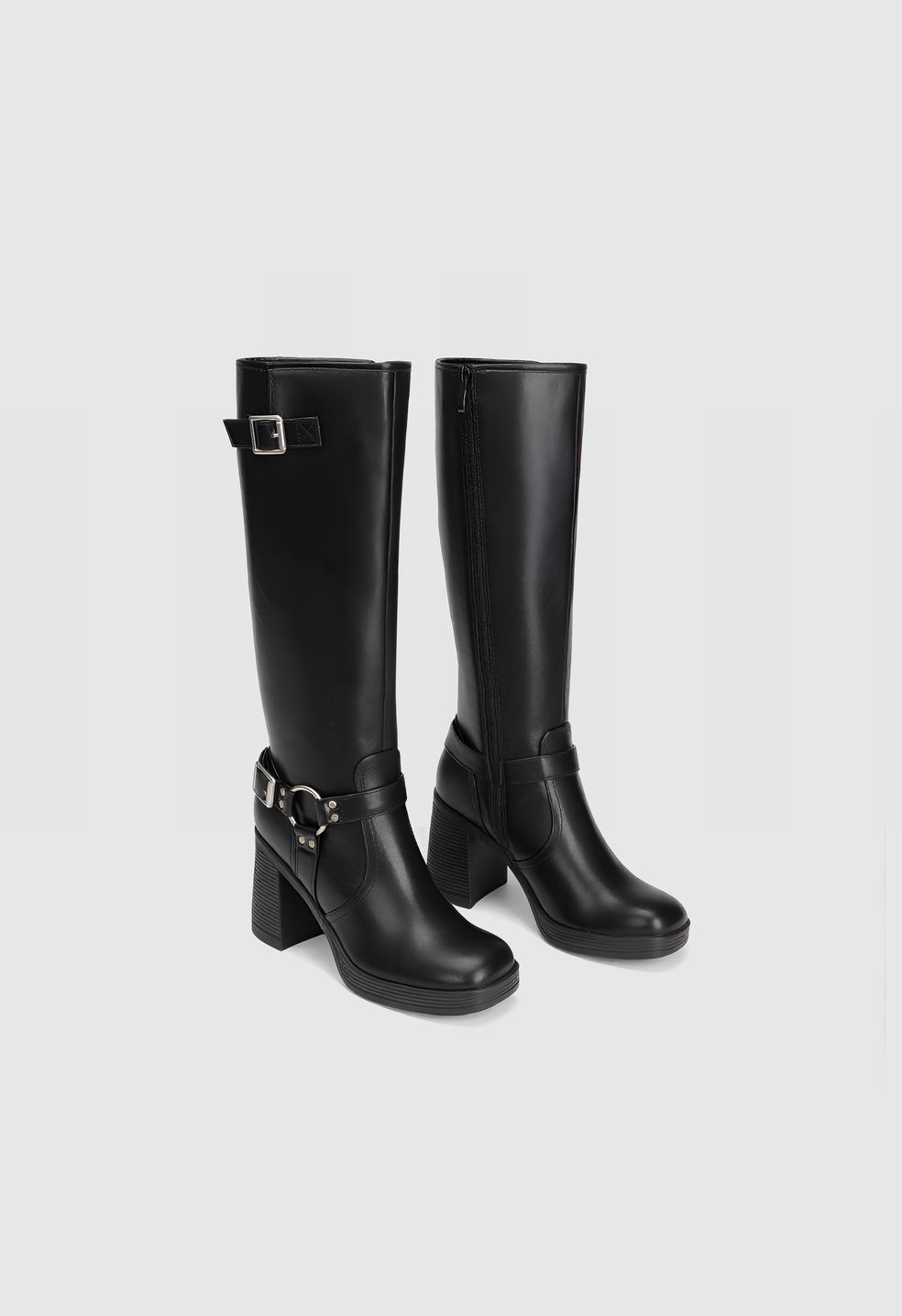 Botas moteras altas de punta cuadrada y tacón ancho