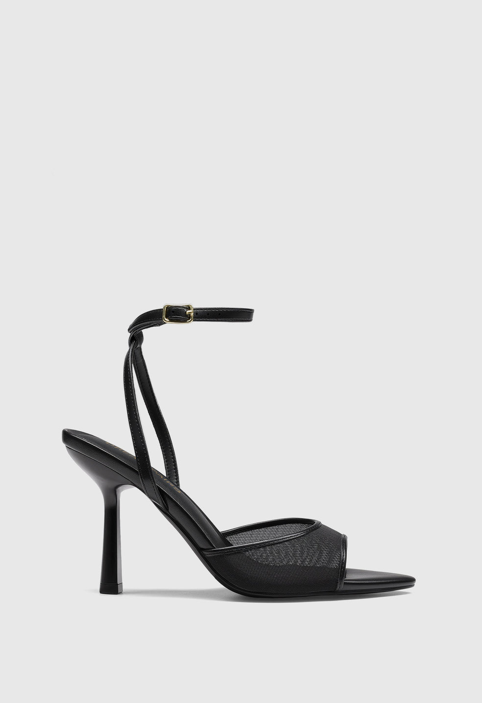 Zapatos de salón de malla negra con tacón kitten y tobillera de mujer